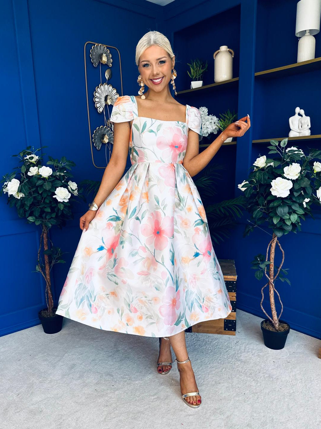 Prim Cap Sleeve Pastel Floral Midi Dress