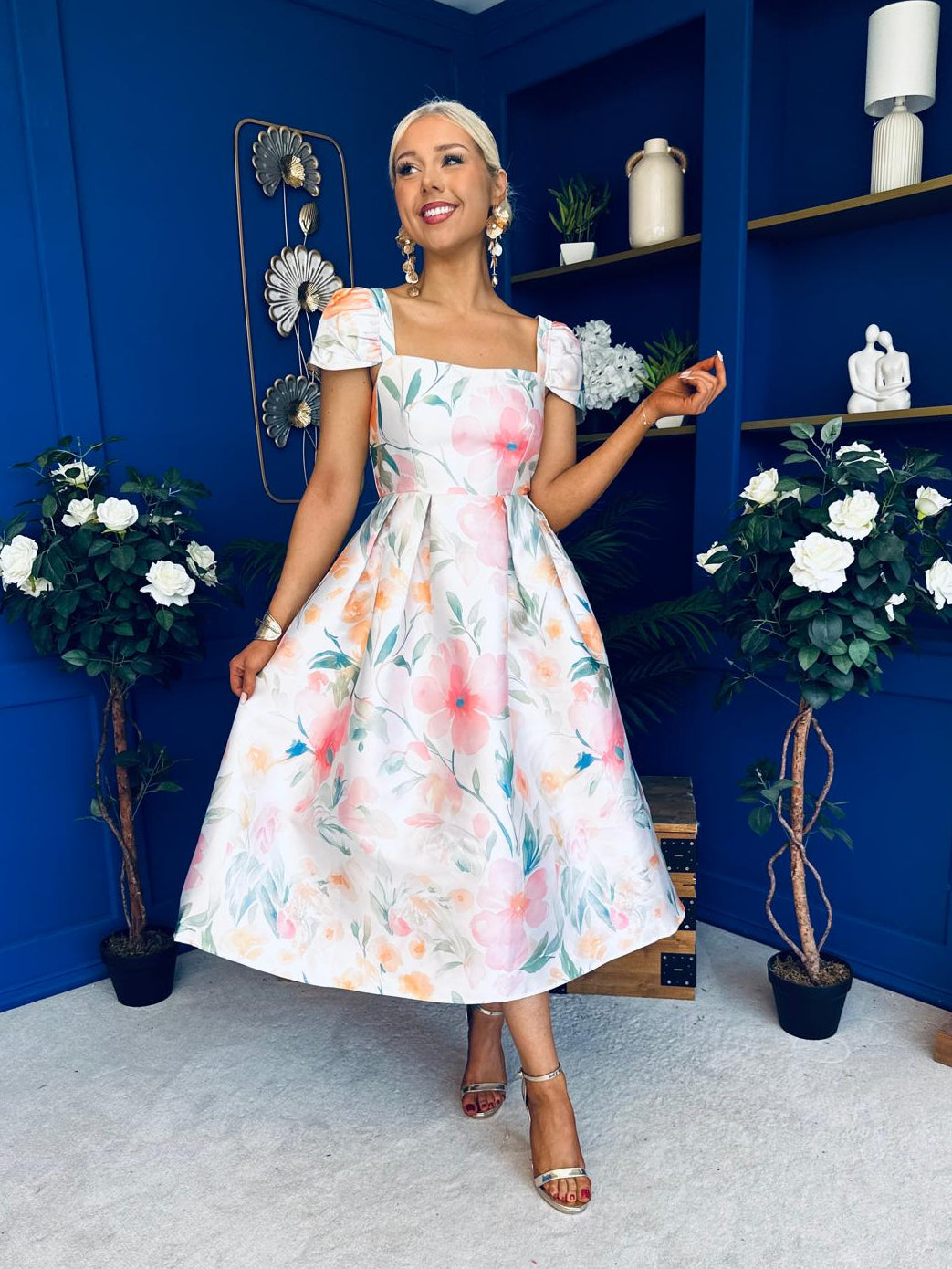 Prim Cap Sleeve Pastel Floral Midi Dress