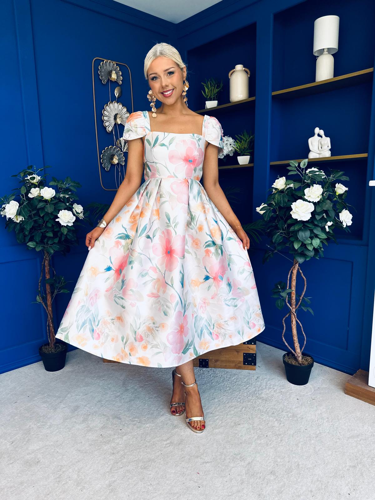Prim Cap Sleeve Pastel Floral Midi Dress