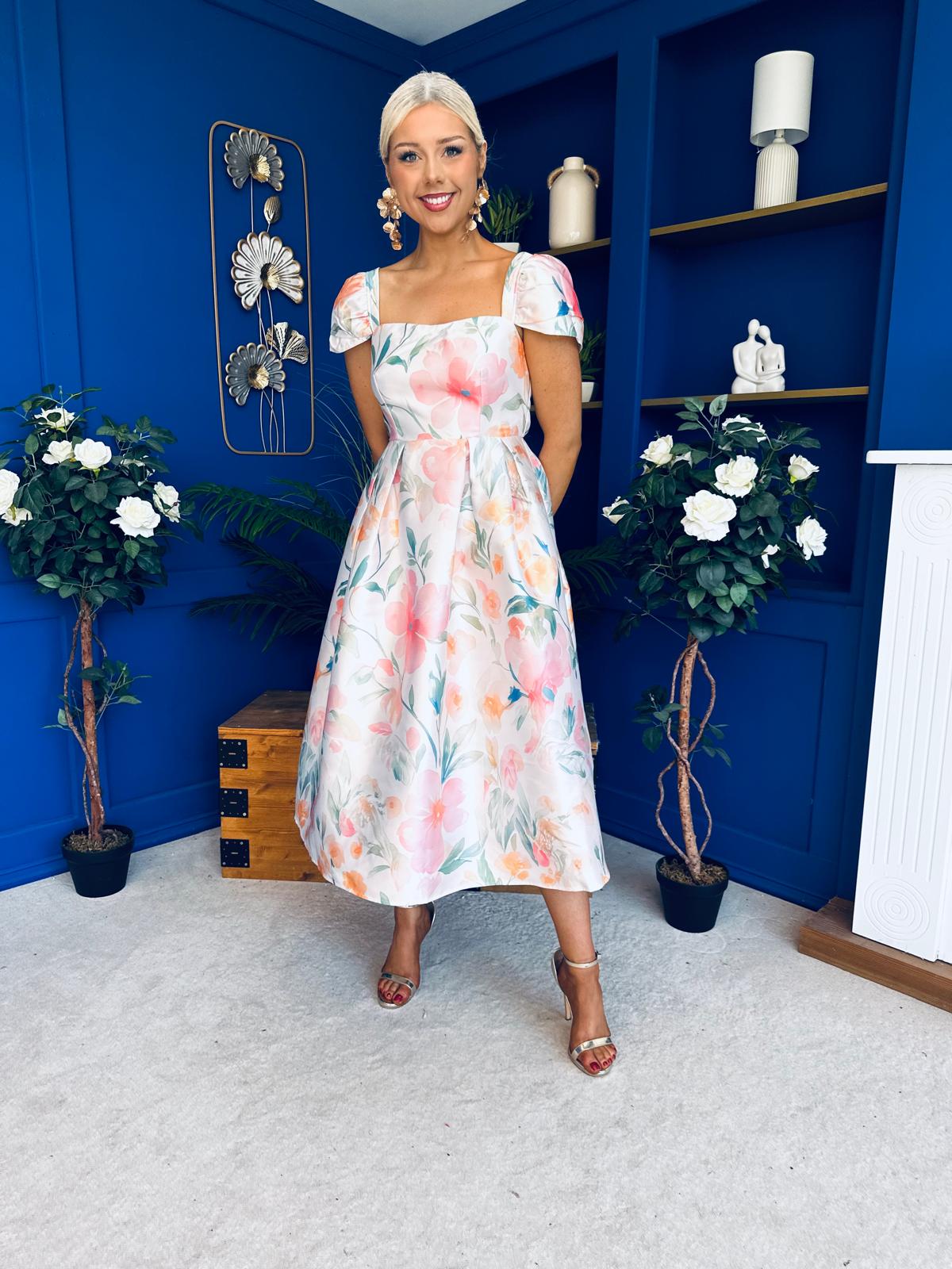 Prim Cap Sleeve Pastel Floral Midi Dress