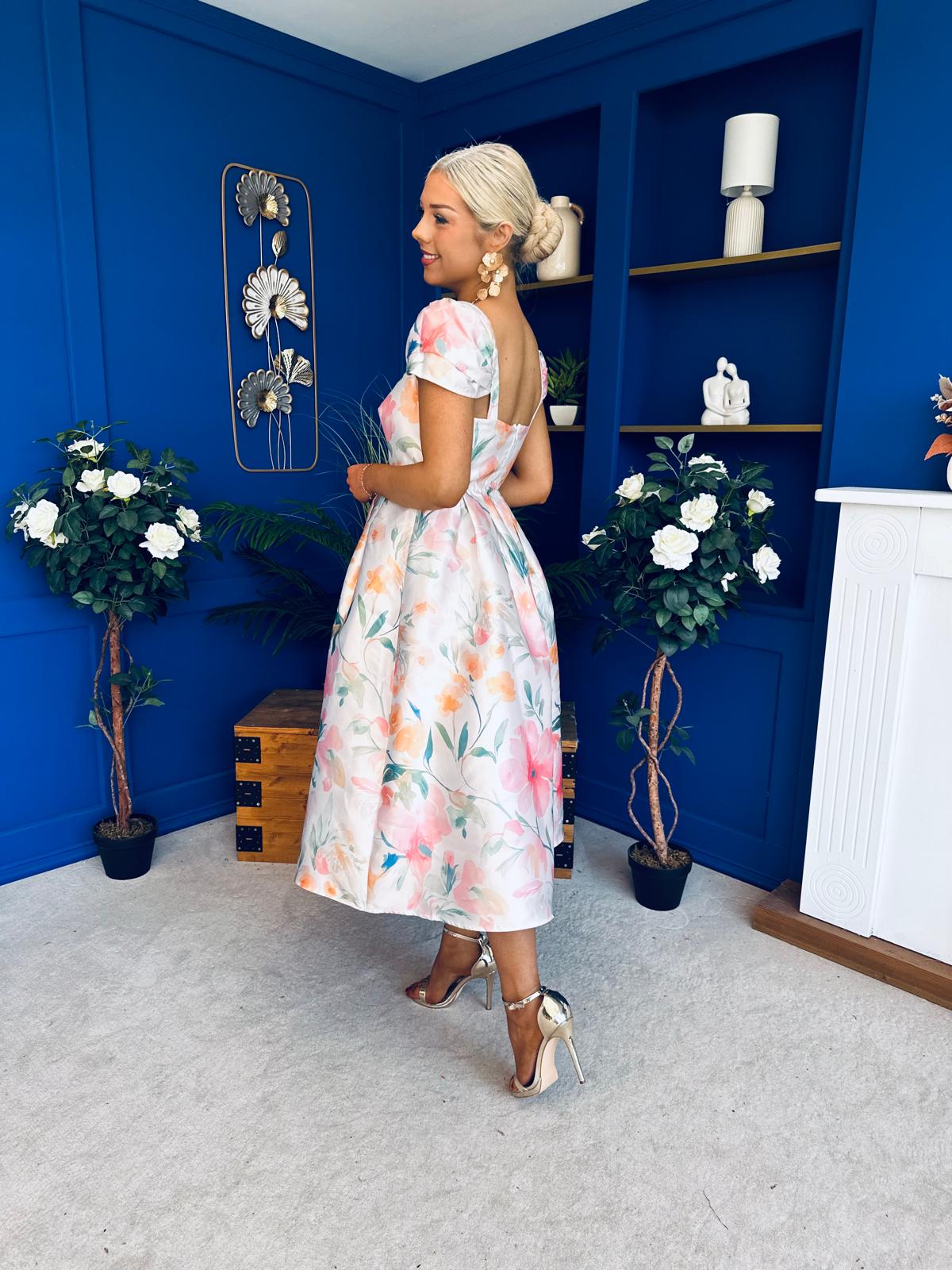 Prim Cap Sleeve Pastel Floral Midi Dress