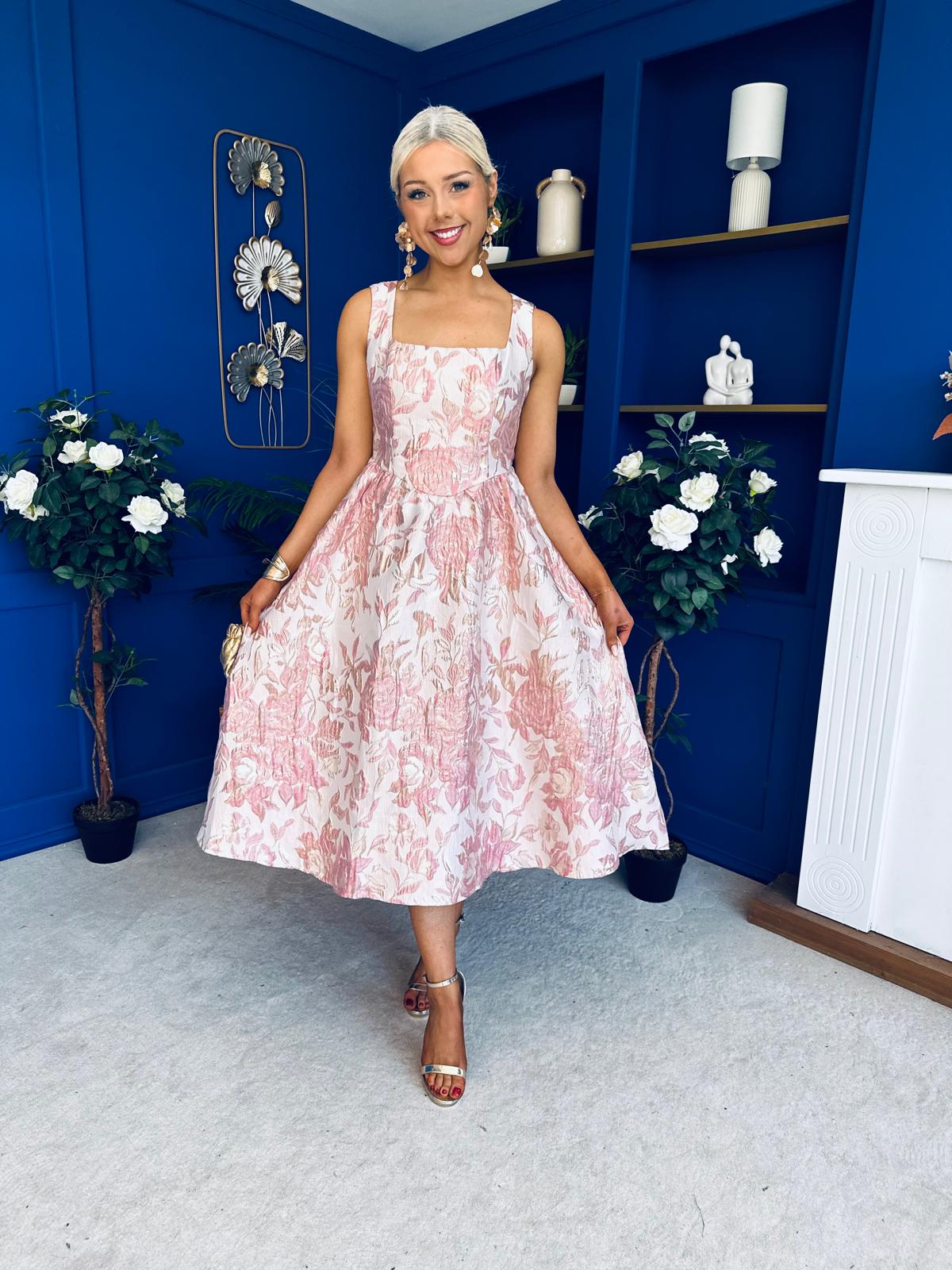 Rosie Strappy Floral Jacquard Midi Dress Pink Floral