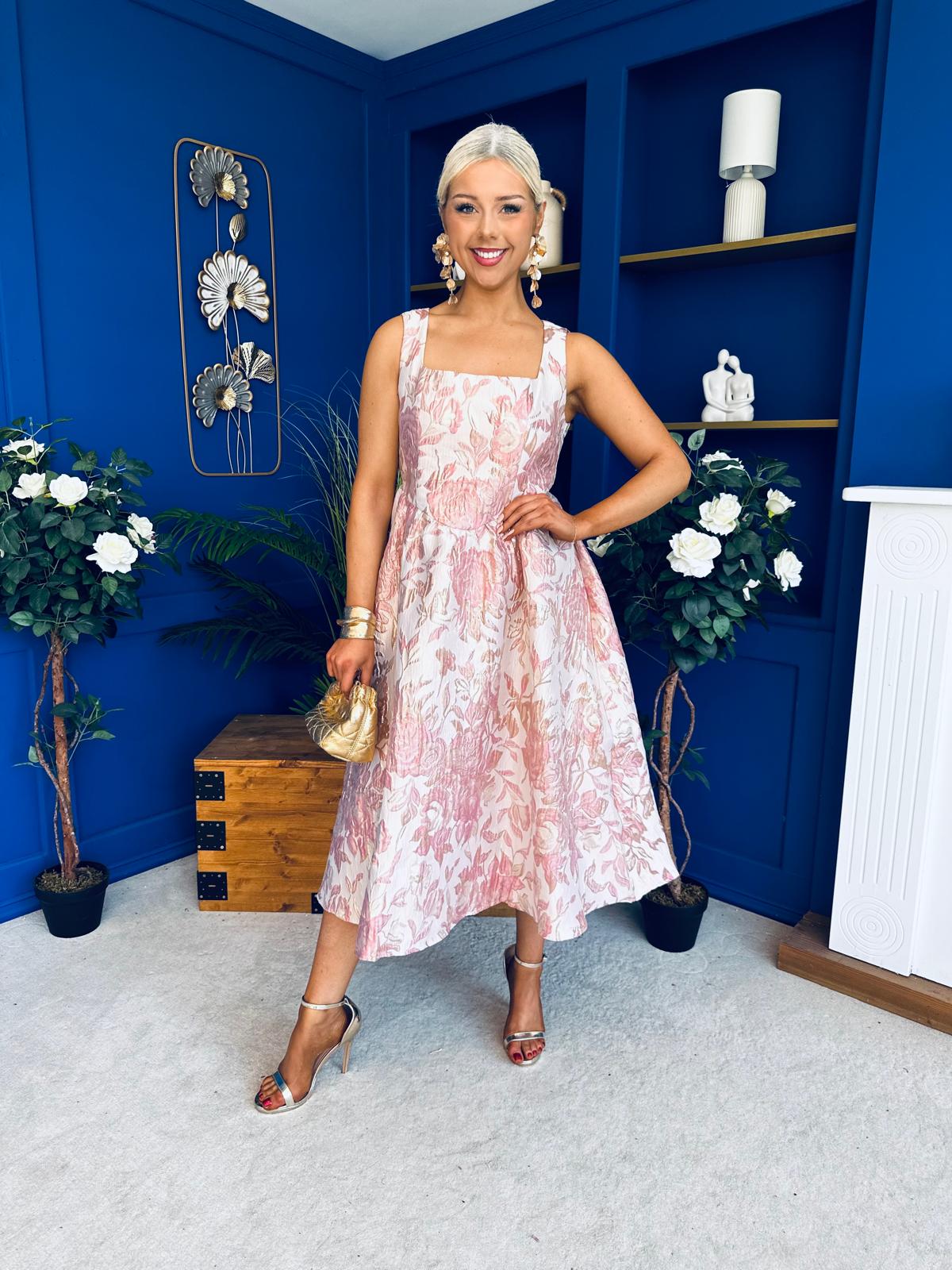 Rosie Strappy Floral Jacquard Midi Dress Pink Floral
