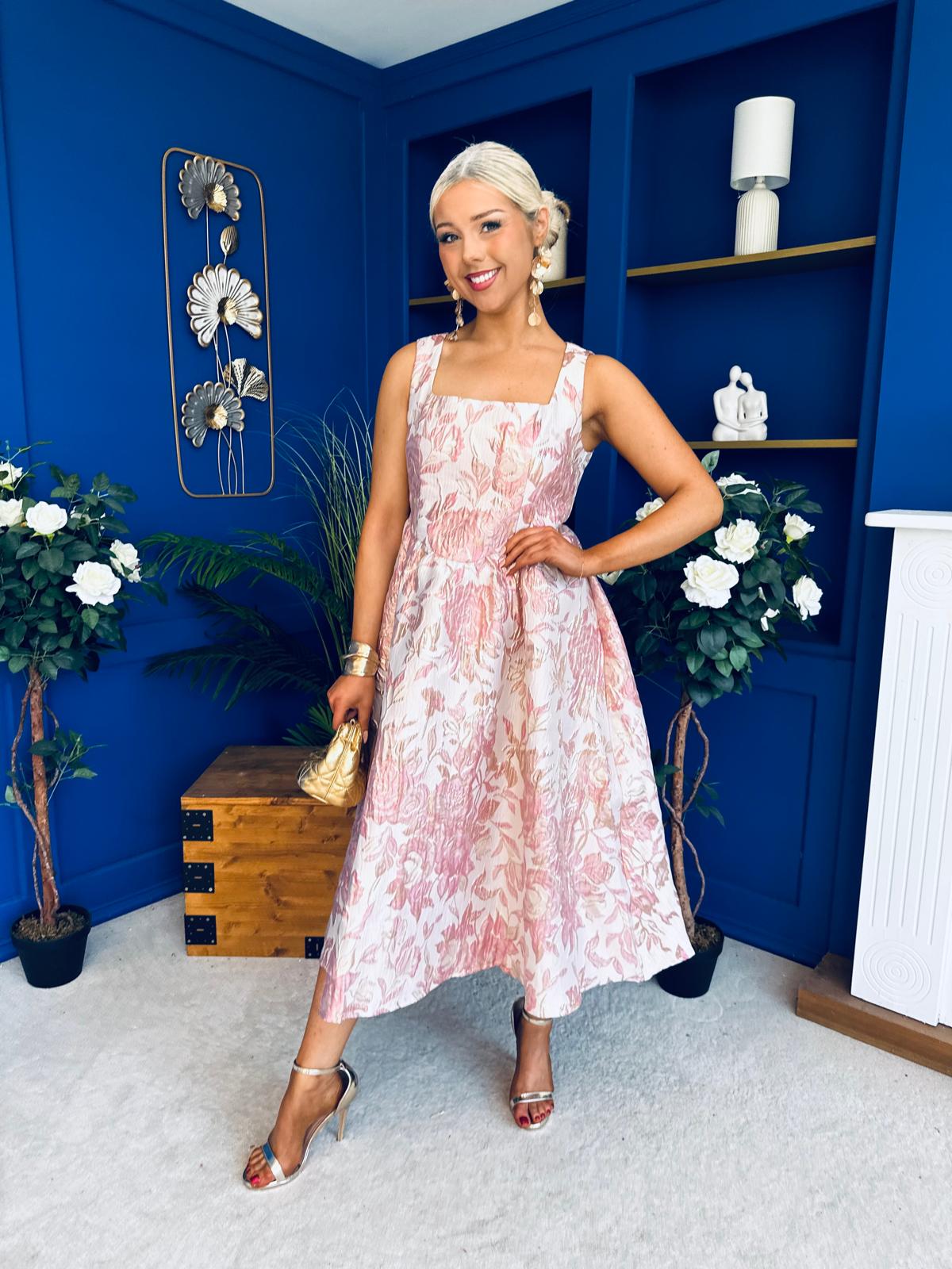 Rosie Strappy Floral Jacquard Midi Dress Pink Floral
