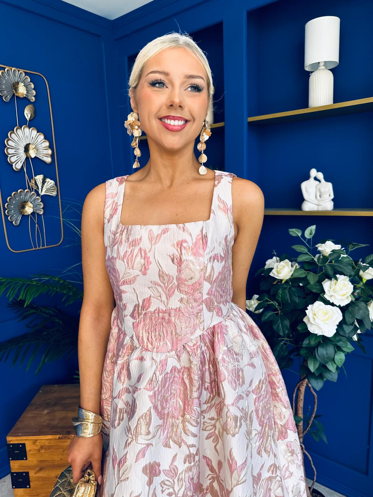 Rosie Strappy Floral Jacquard Midi Dress Pink Floral