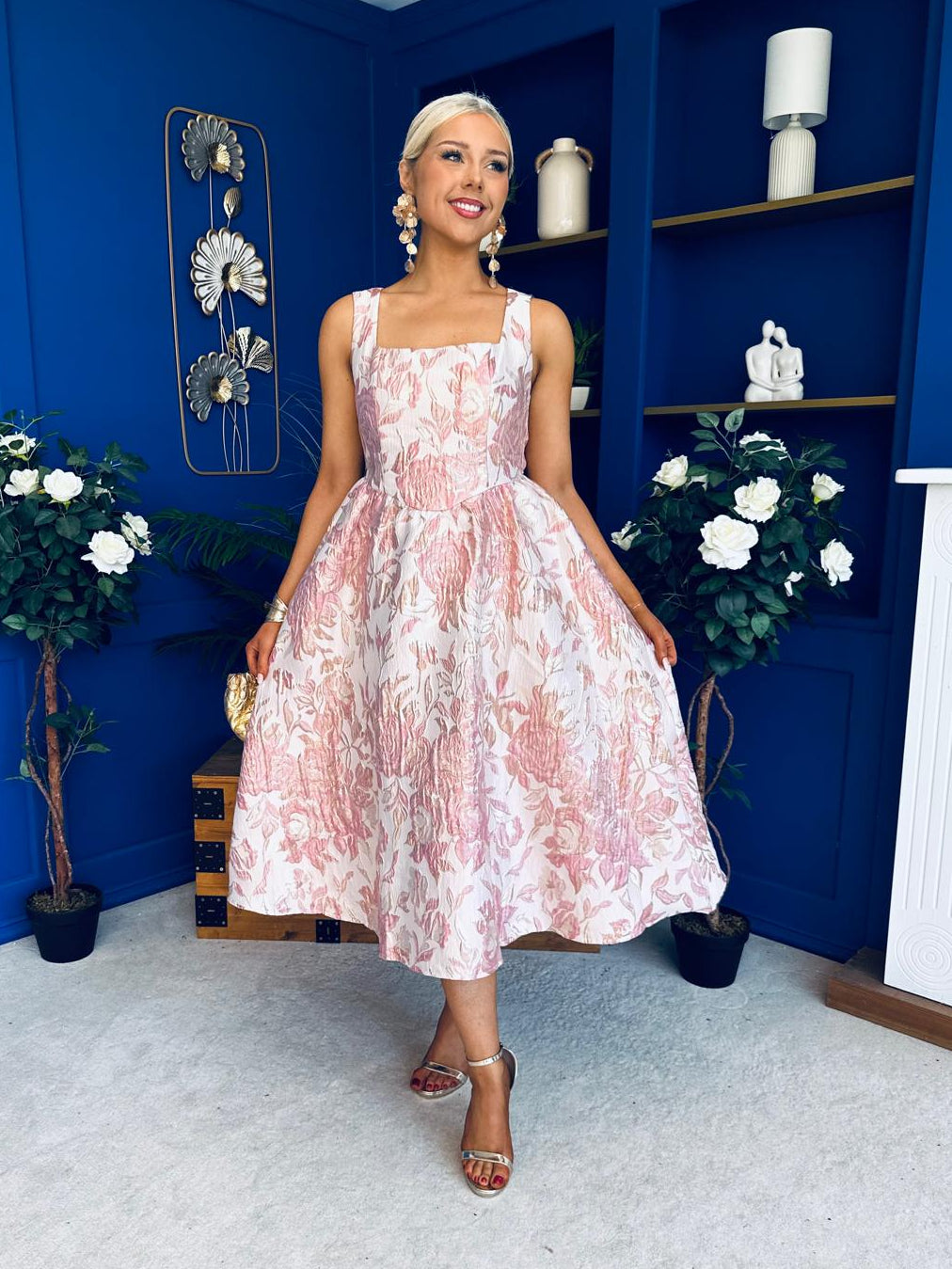 Rosie Strappy Floral Jacquard Midi Dress Pink Floral