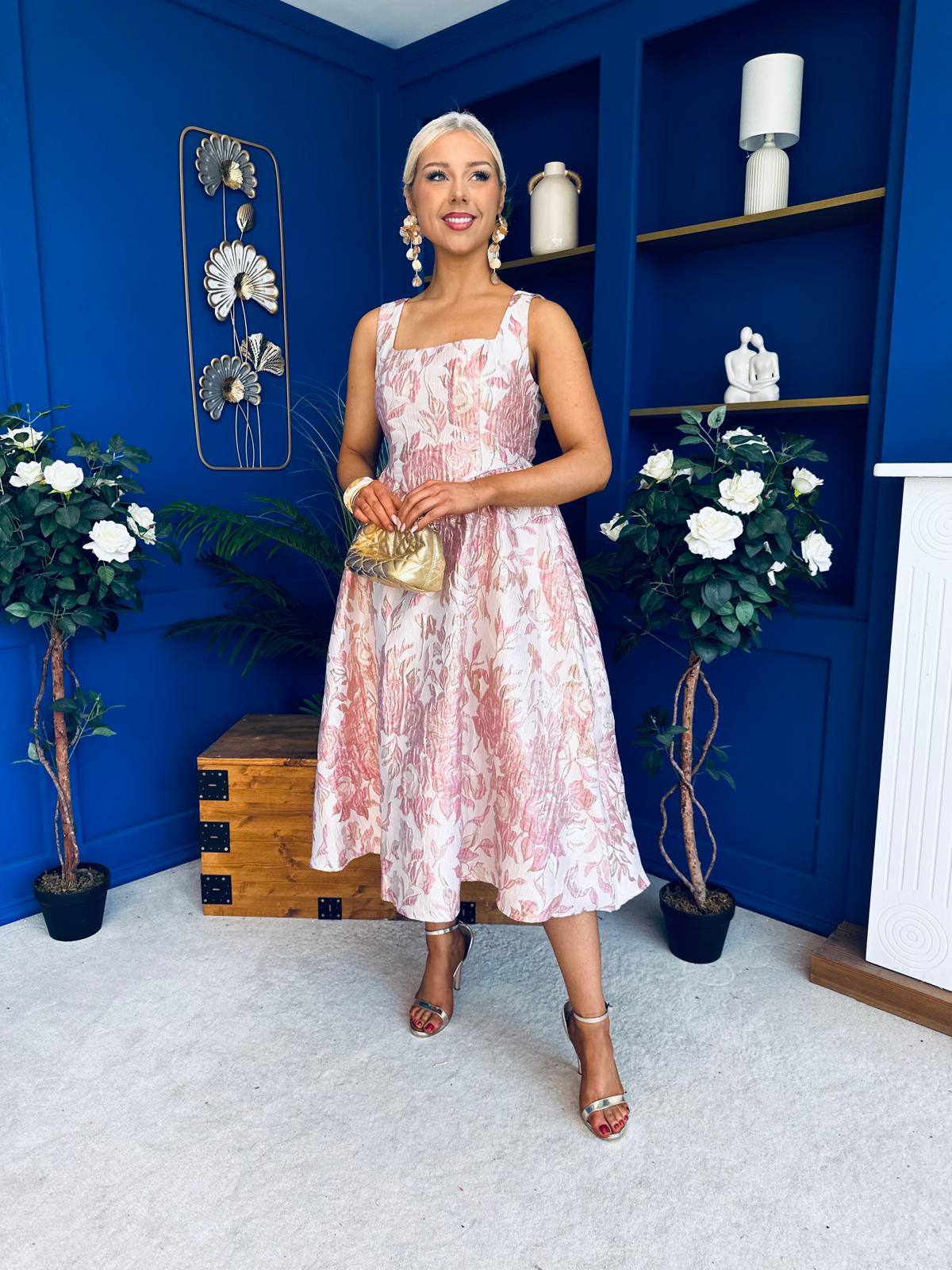 Rosie Strappy Floral Jacquard Midi Dress Pink Floral