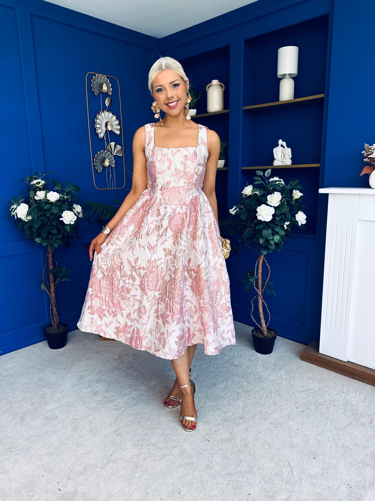 Rosie Strappy Floral Jacquard Midi Dress Pink Floral