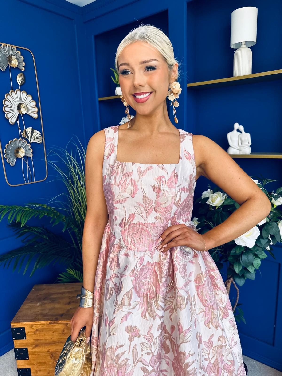 Rosie Strappy Floral Jacquard Midi Dress Pink Floral