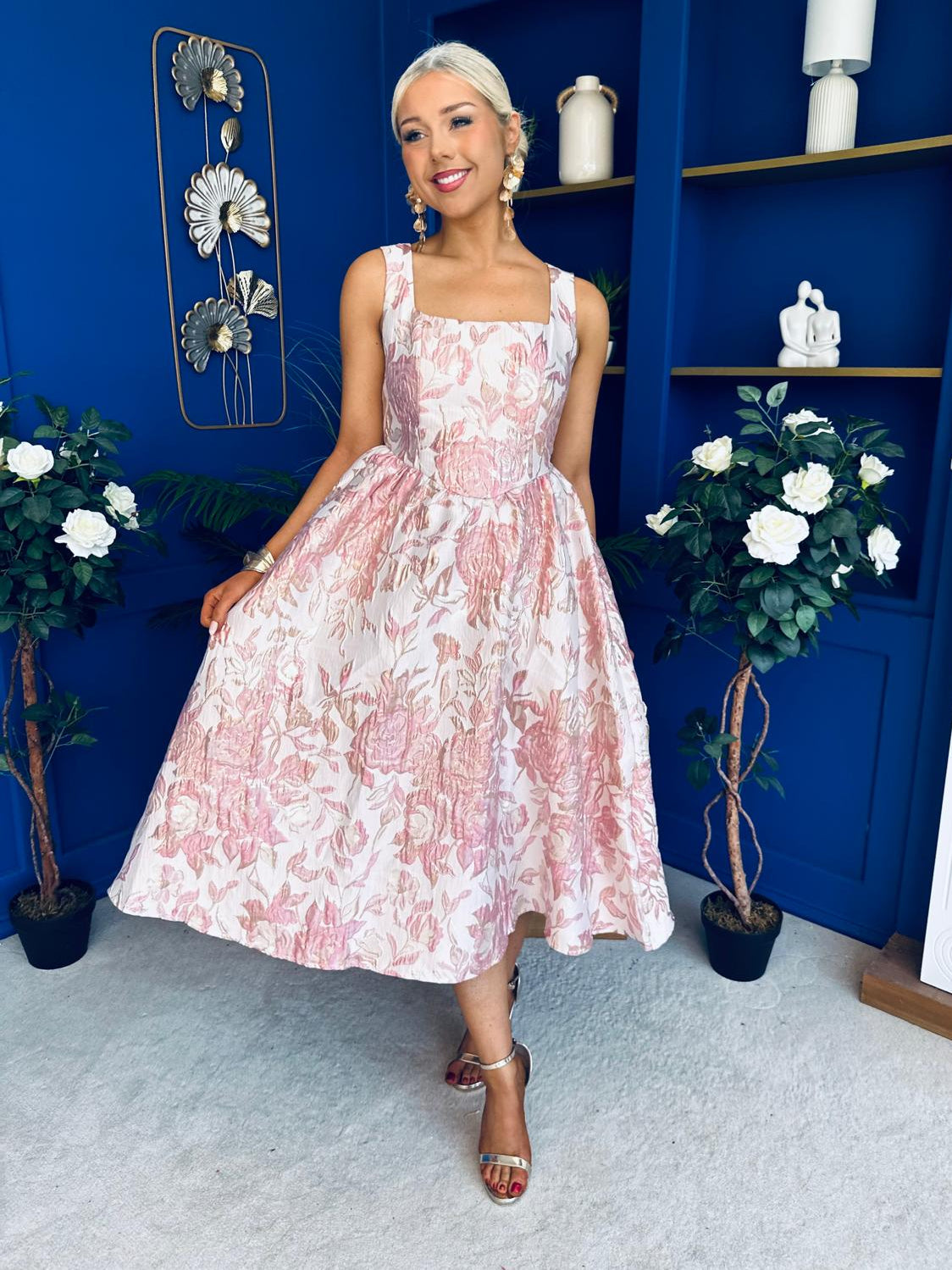 Rosie Strappy Floral Jacquard Midi Dress Pink Floral