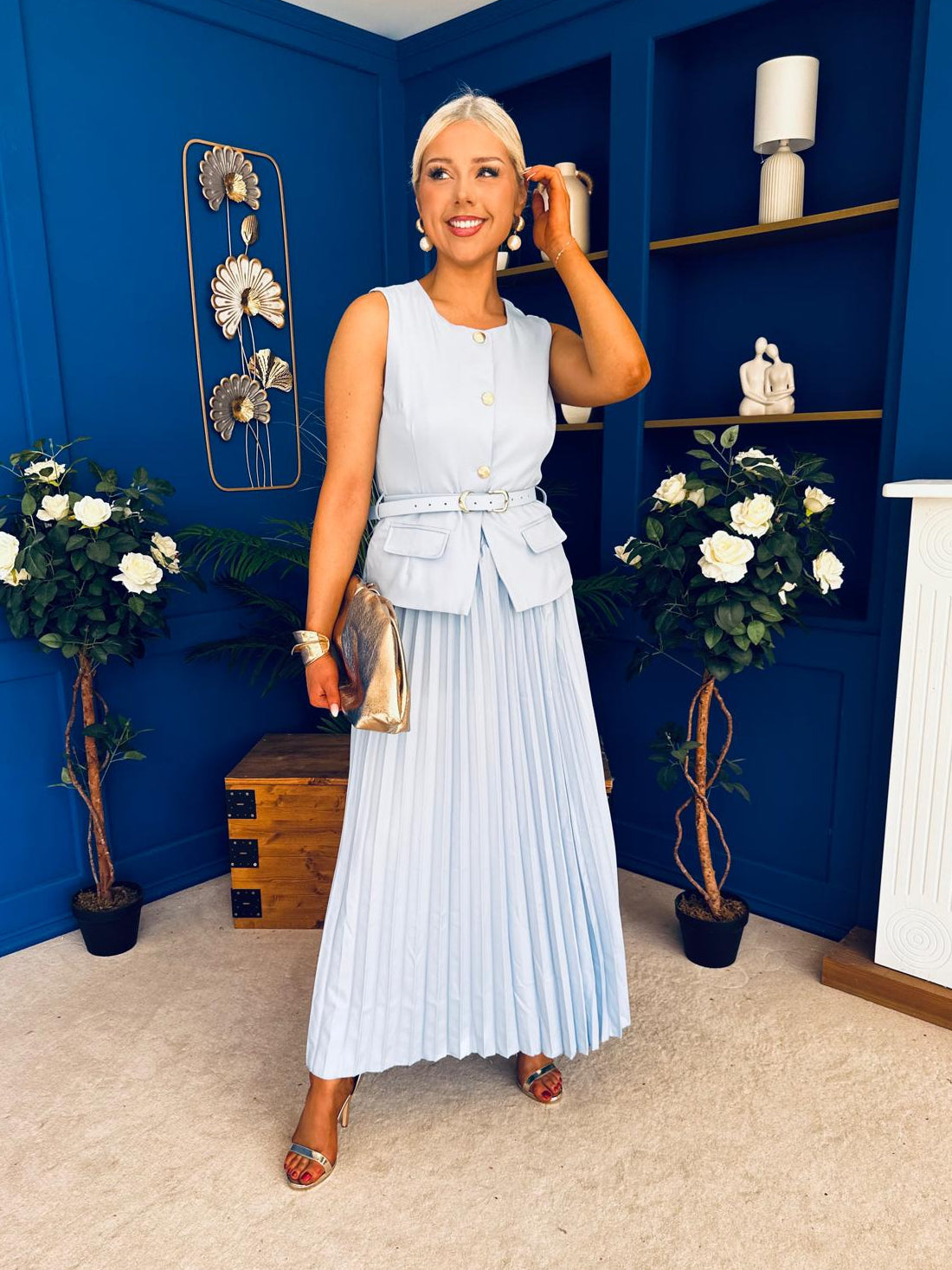 Bernice Detailed Waistcoat & Skirt Set Pwr Blue
