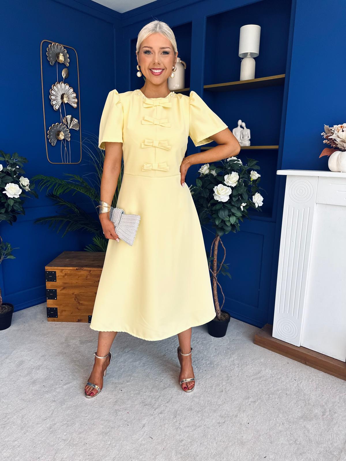 Charlotte Pearl & Bow Detail Occasion Dress Yellow Pre Order 24 Mar