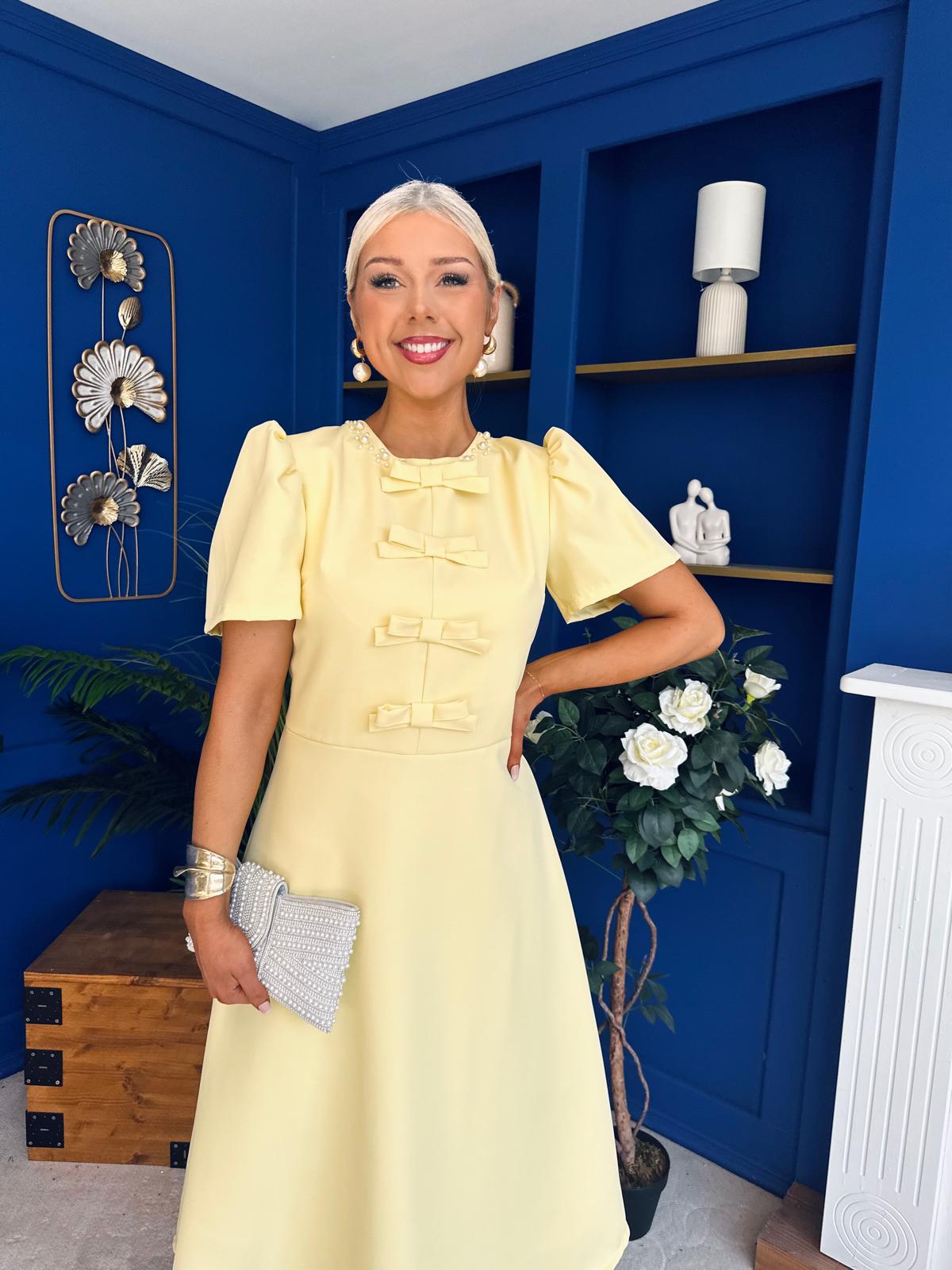 Charlotte Pearl & Bow Detail Occasion Dress Yellow Pre Order 24 Mar