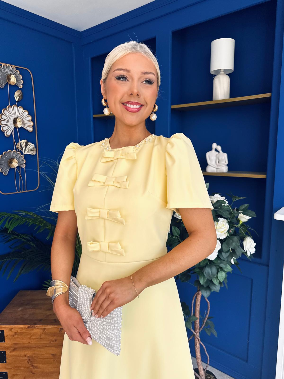Charlotte Pearl & Bow Detail Occasion Dress Yellow Pre Order 24 Mar