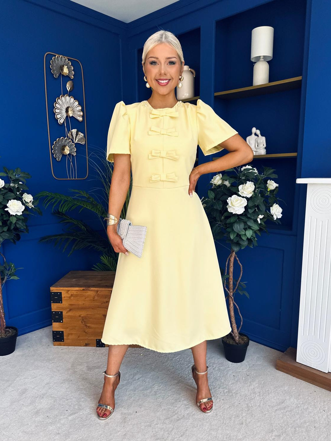 Charlotte Pearl & Bow Detail Occasion Dress Yellow Pre Order 24 Mar