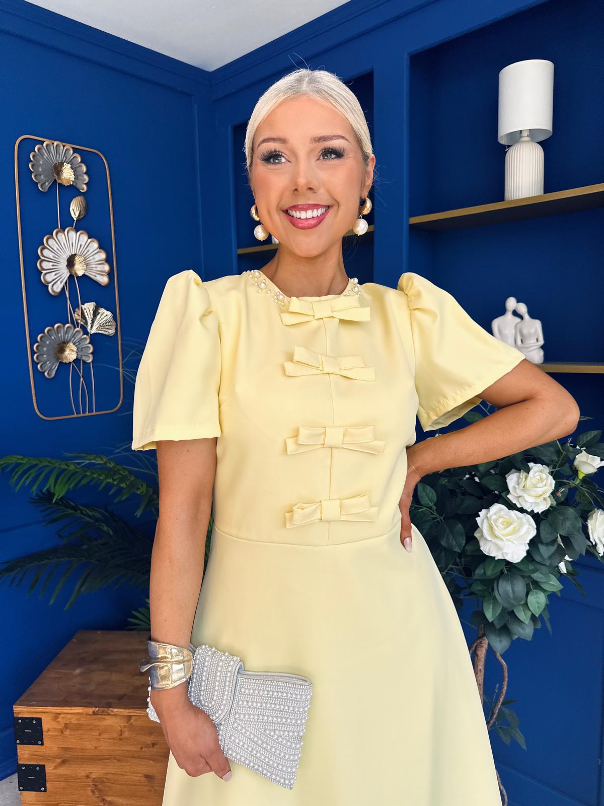 Charlotte Pearl & Bow Detail Occasion Dress Yellow Pre Order 24 Mar