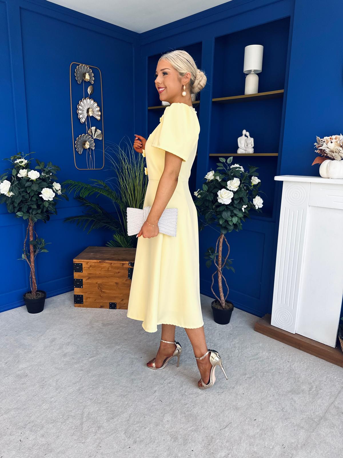 Charlotte Pearl & Bow Detail Occasion Dress Yellow Pre Order 24 Mar