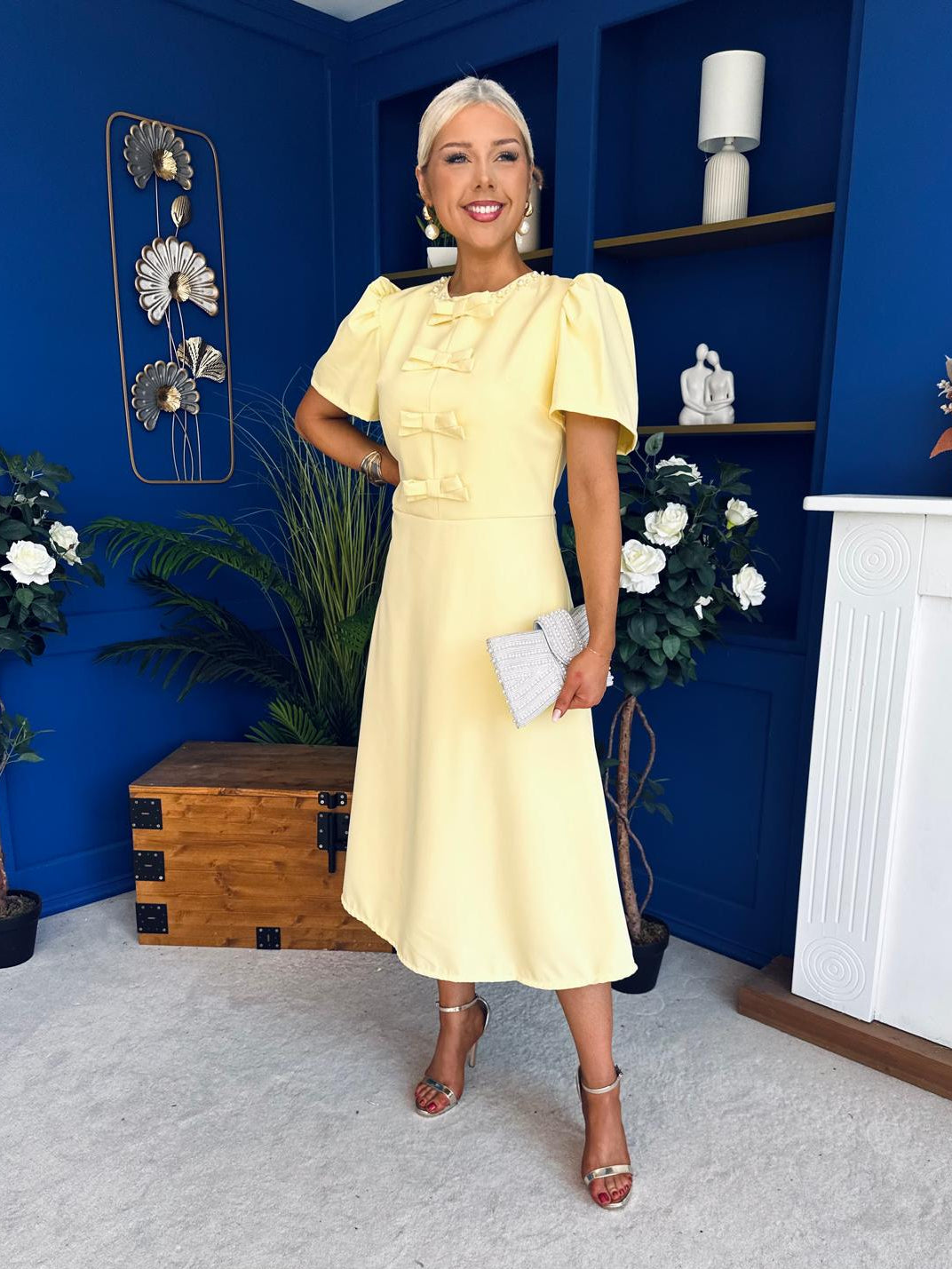 Charlotte Pearl & Bow Detail Occasion Dress Yellow Pre Order 24 Mar