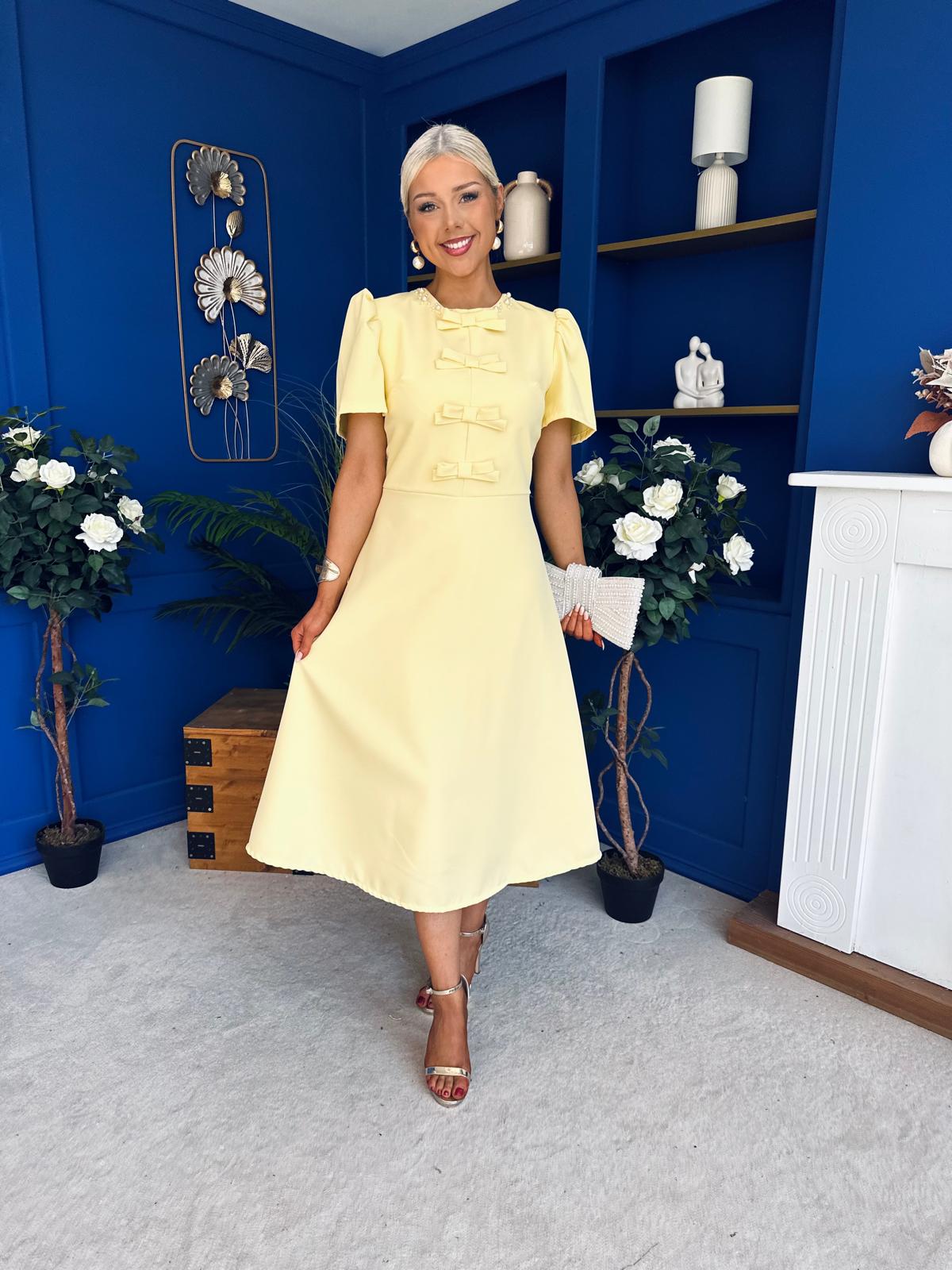 Charlotte Pearl & Bow Detail Occasion Dress Yellow Pre Order 24 Mar