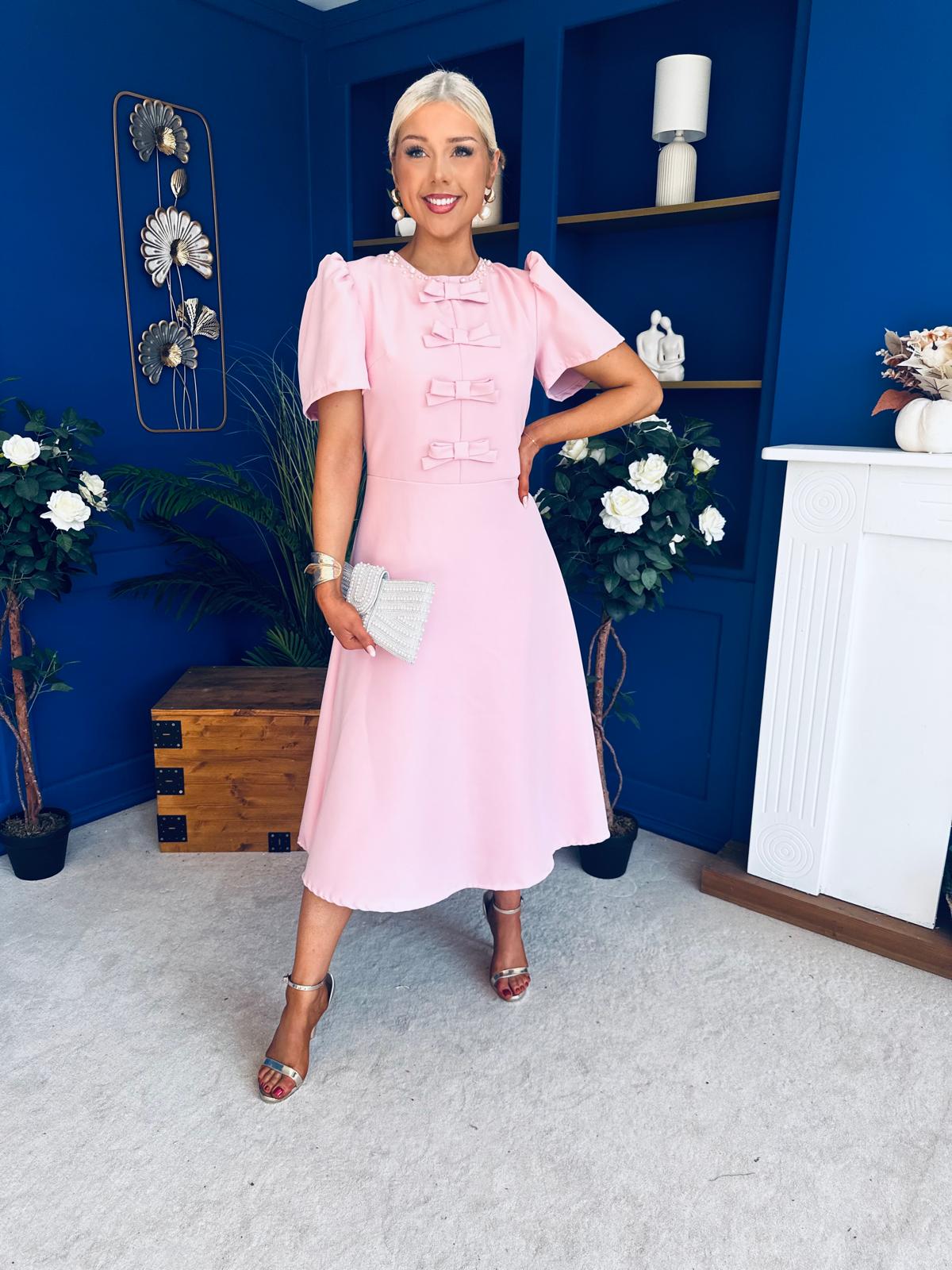 Charlotte Pearl & Bow Detail Occasion Dress Pwr Pink