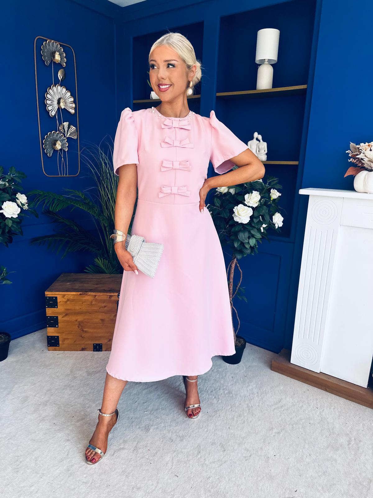 Charlotte Pearl & Bow Detail Occasion Dress Pwr Pink