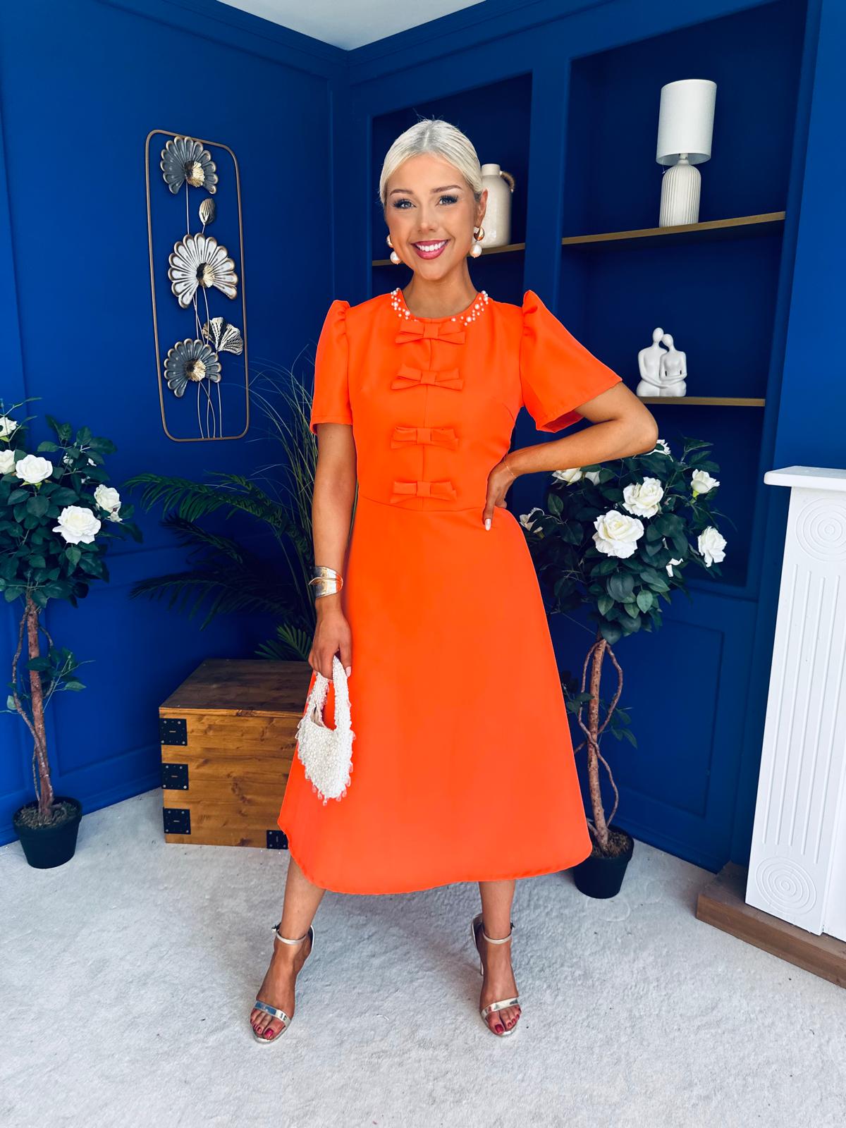 Charlotte Pearl & Bow Detail Occasion Dress Coral