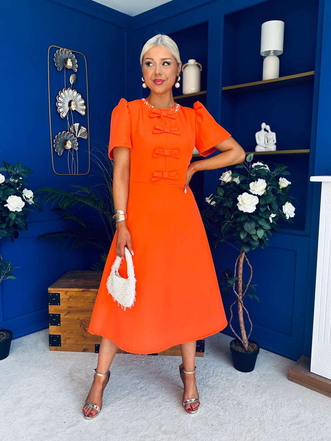 Charlotte Pearl & Bow Detail Occasion Dress Coral