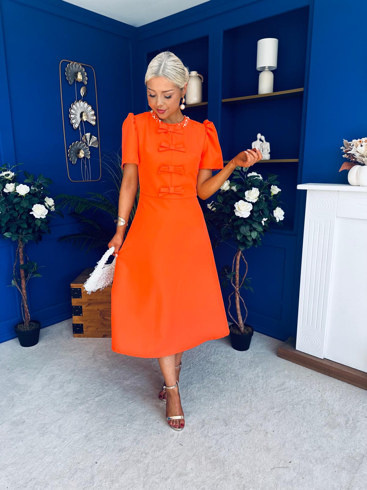 Charlotte Pearl & Bow Detail Occasion Dress Coral