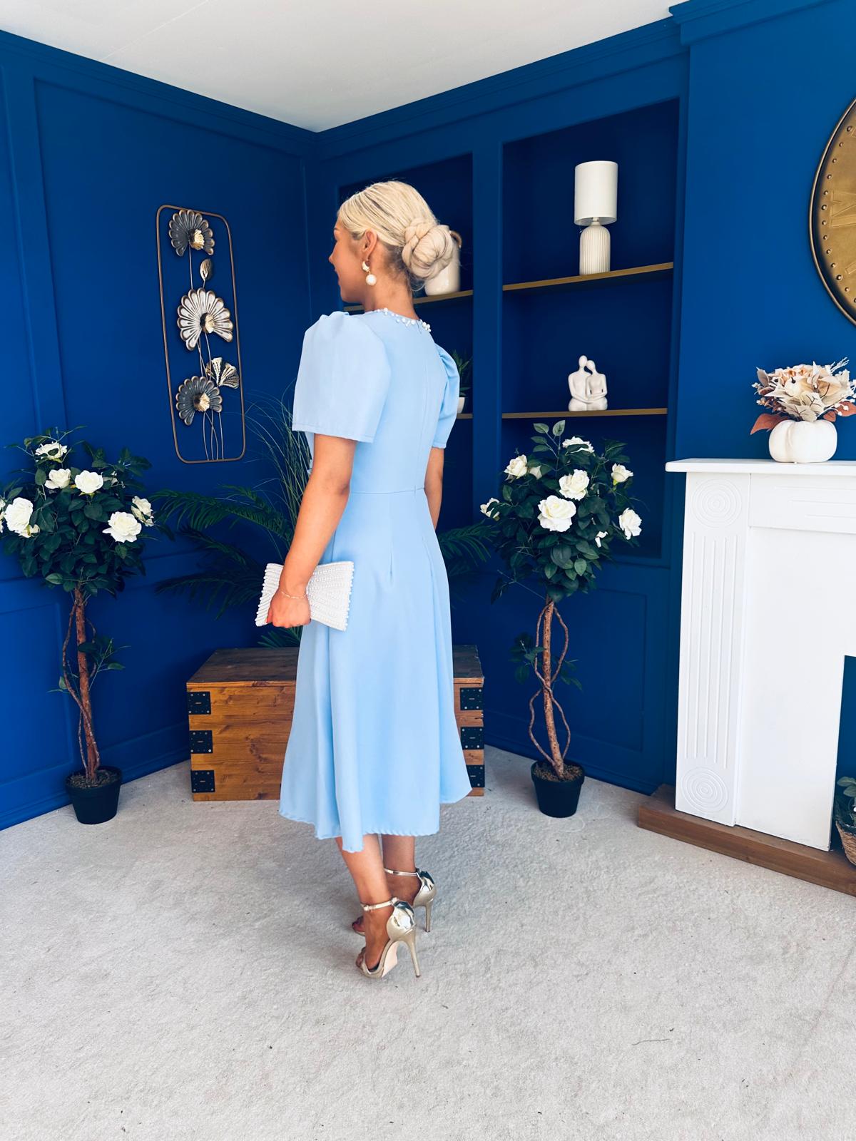 Charlotte Pearl & Bow Detail Occasion Dress Pwr Blue – Canella Lane