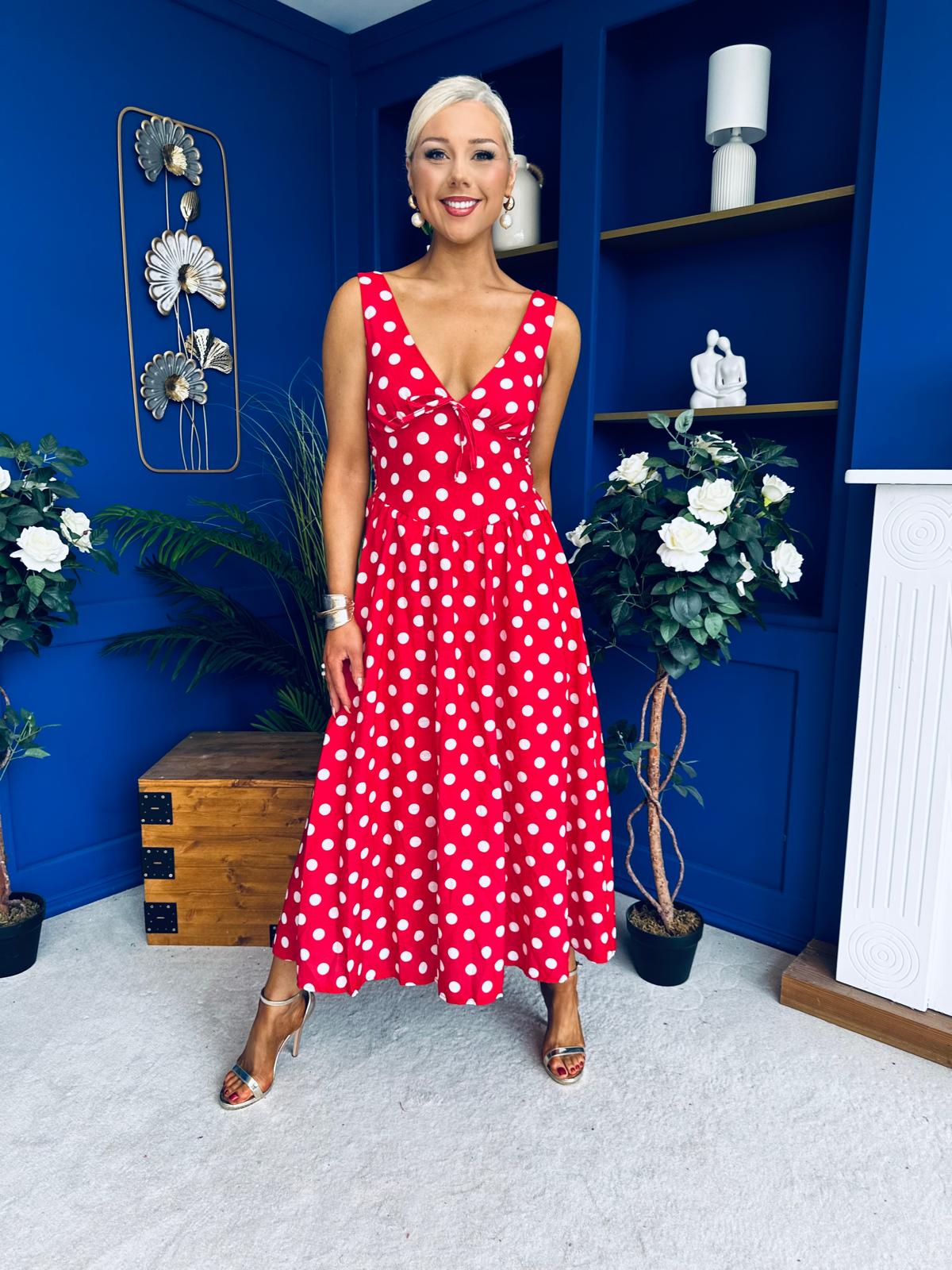 Meadow Banded Midi Dress Polka Red