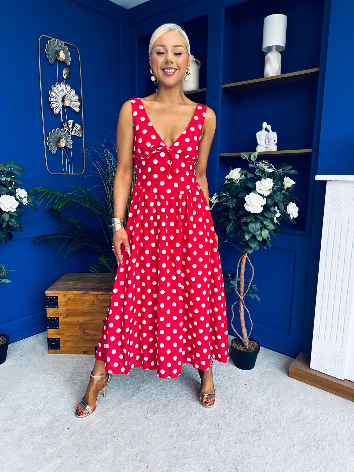 Meadow Banded Midi Dress Polka Red