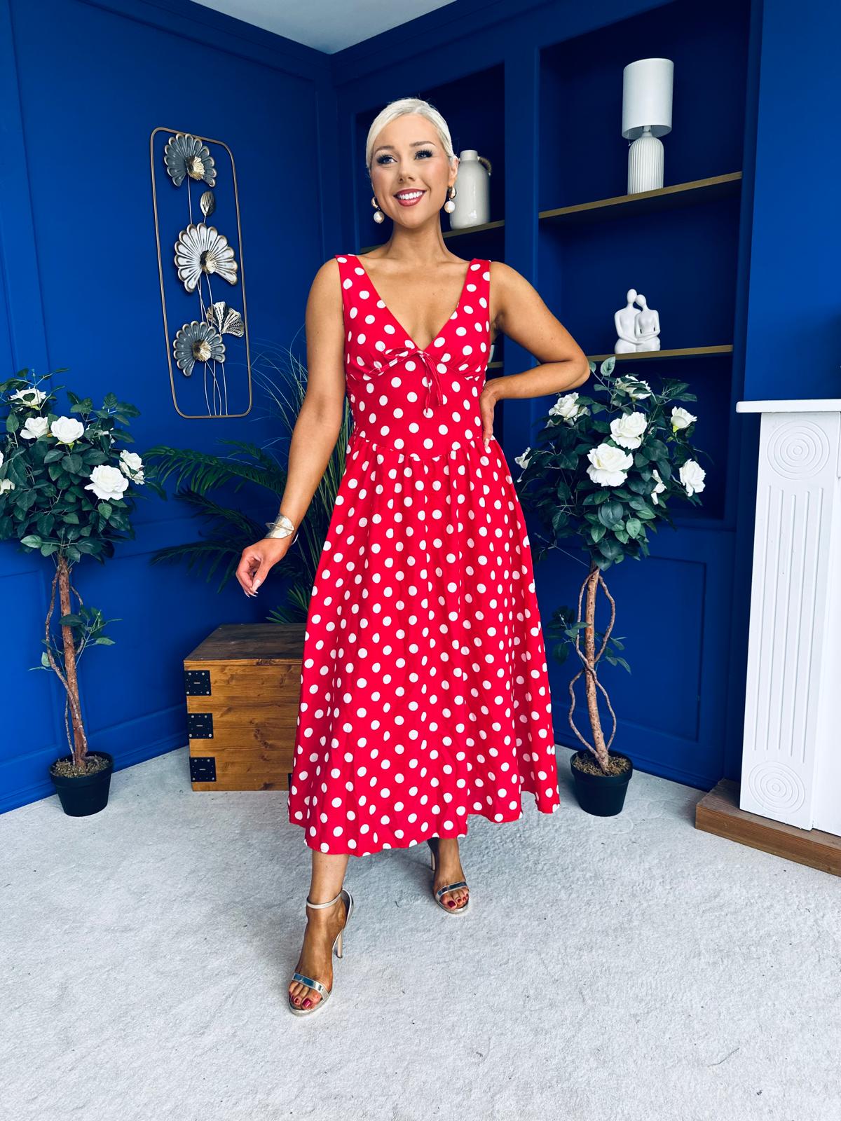 Meadow Banded Midi Dress Polka Red