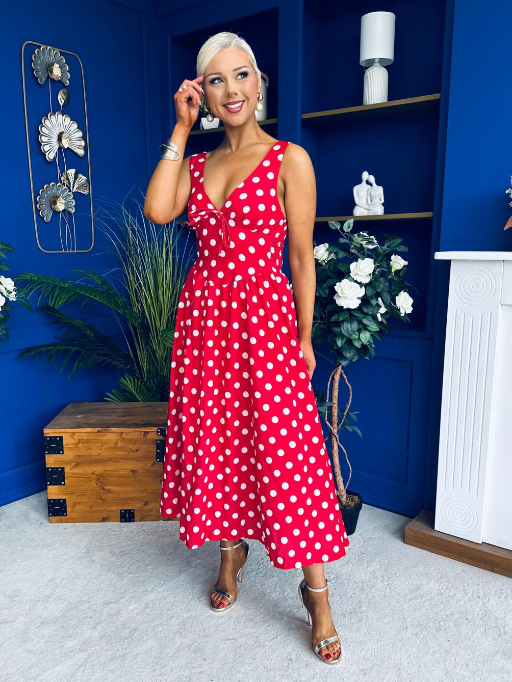 Meadow Banded Midi Dress Polka Red