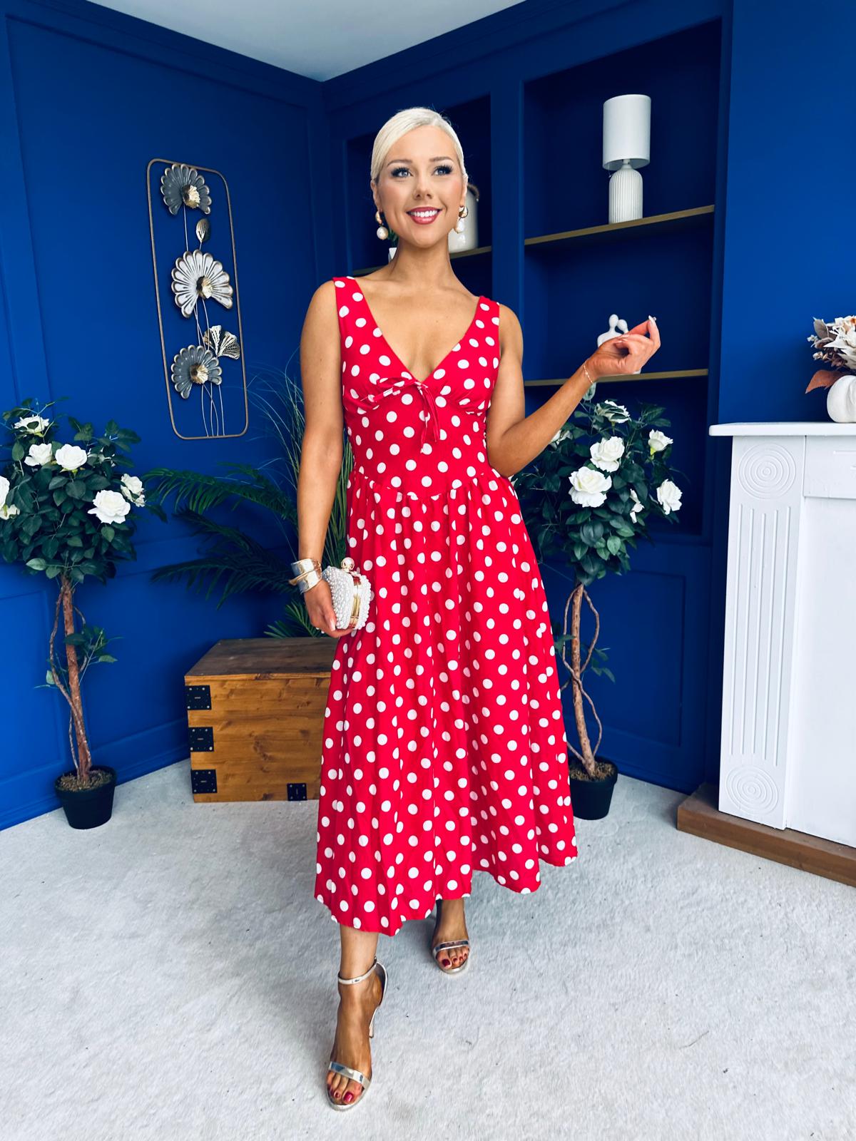 Meadow Banded Midi Dress Polka Red