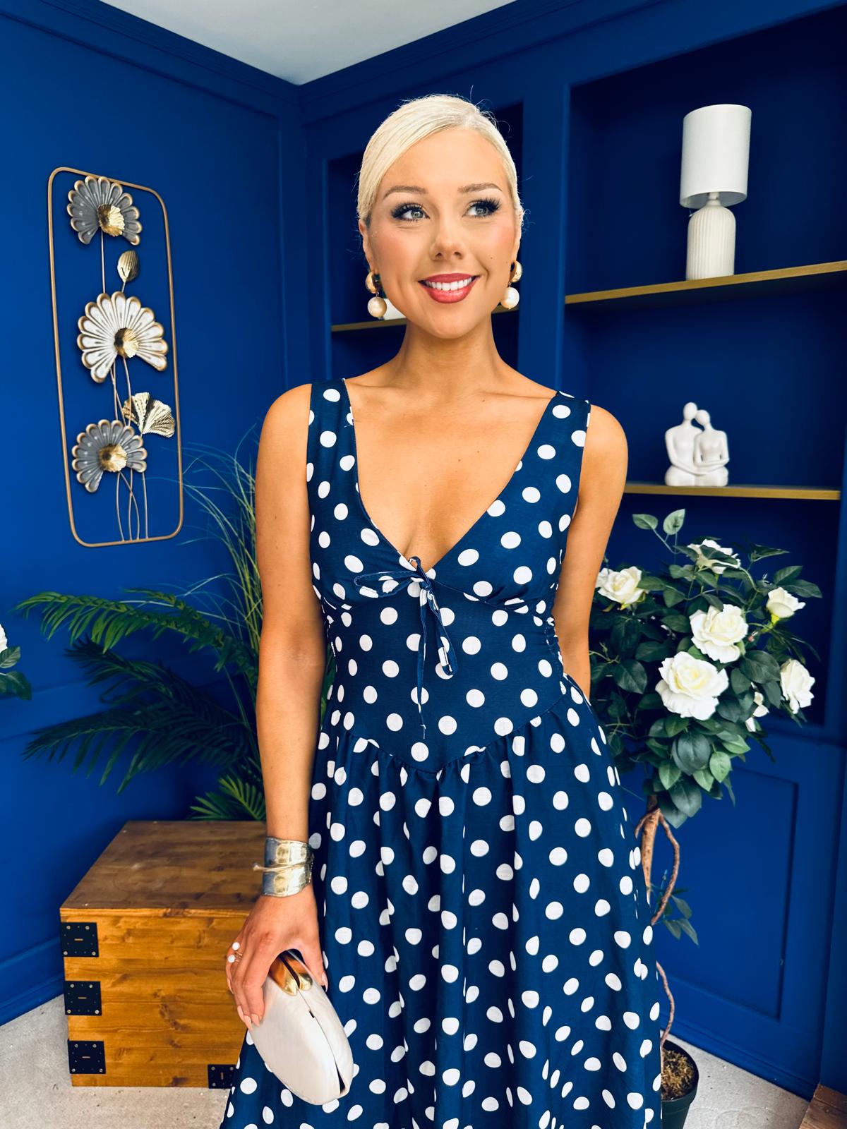 Meadow Banded Midi Dress Polka Navy