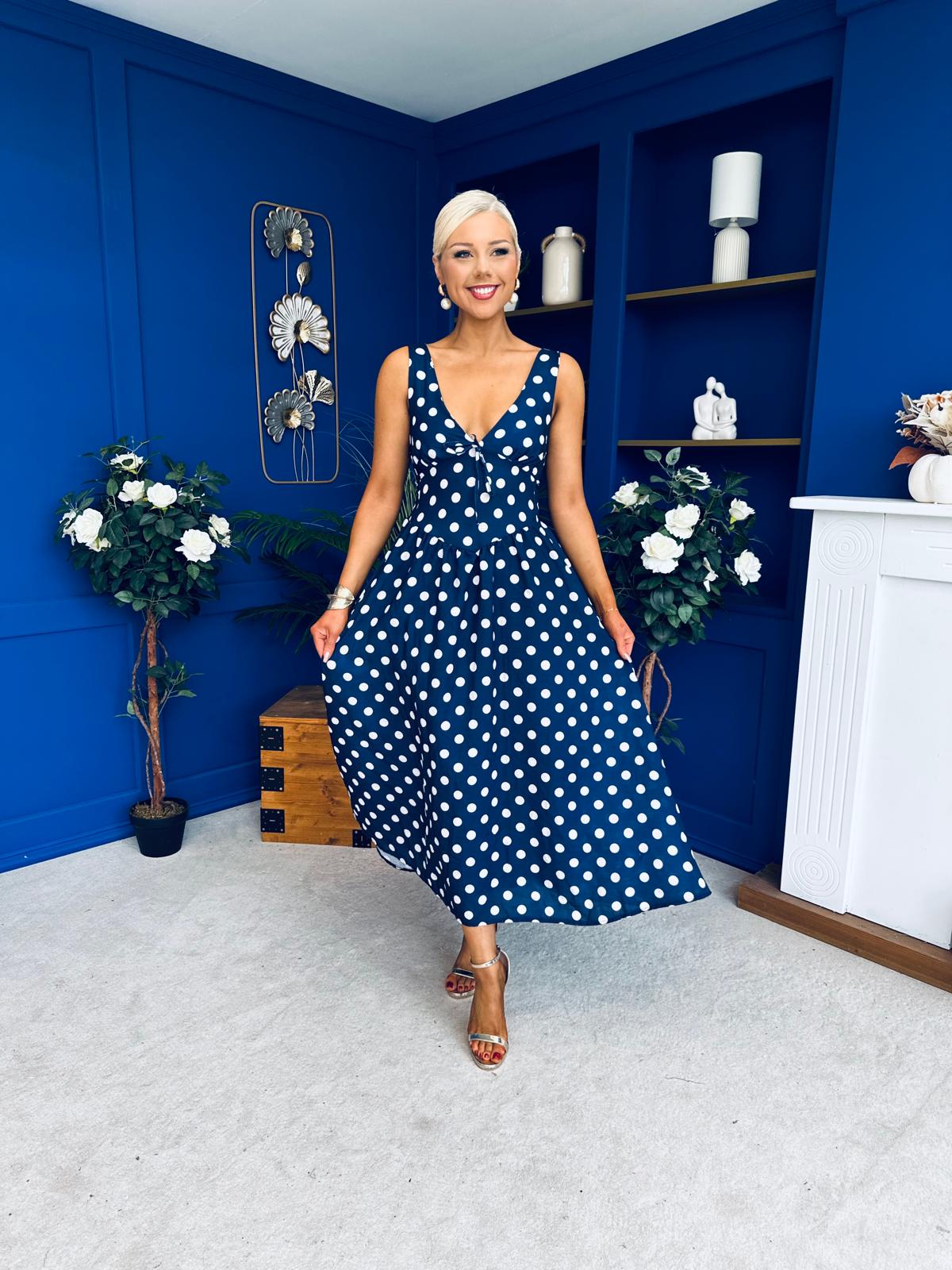 Meadow Banded Midi Dress Polka Navy