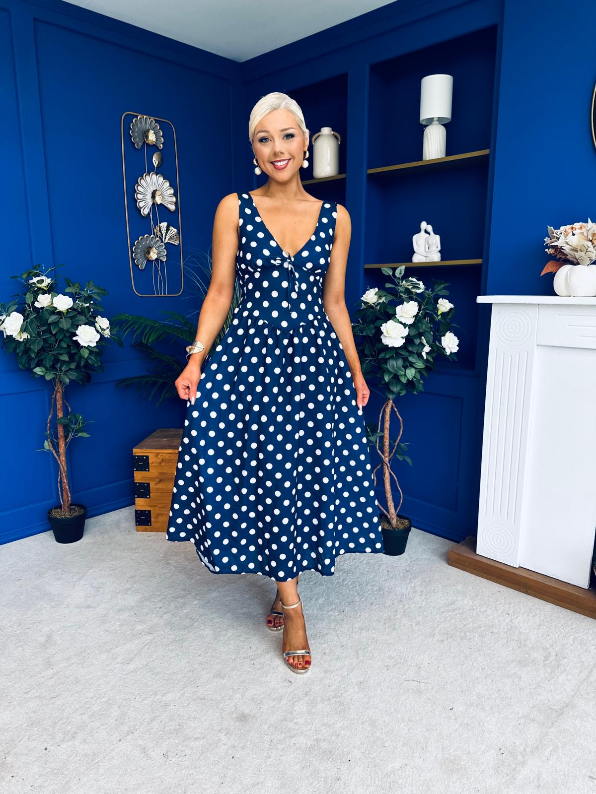 Meadow Banded Midi Dress Polka Navy