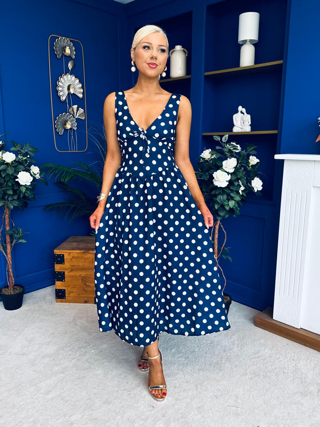 Meadow Banded Midi Dress Polka Navy
