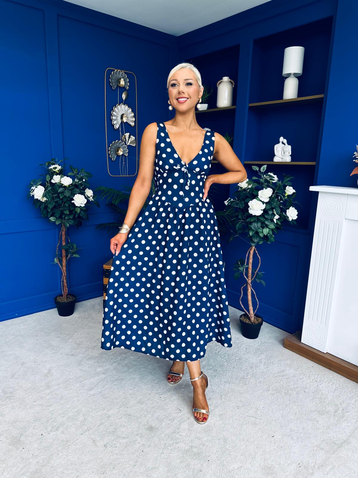 Meadow Banded Midi Dress Polka Navy