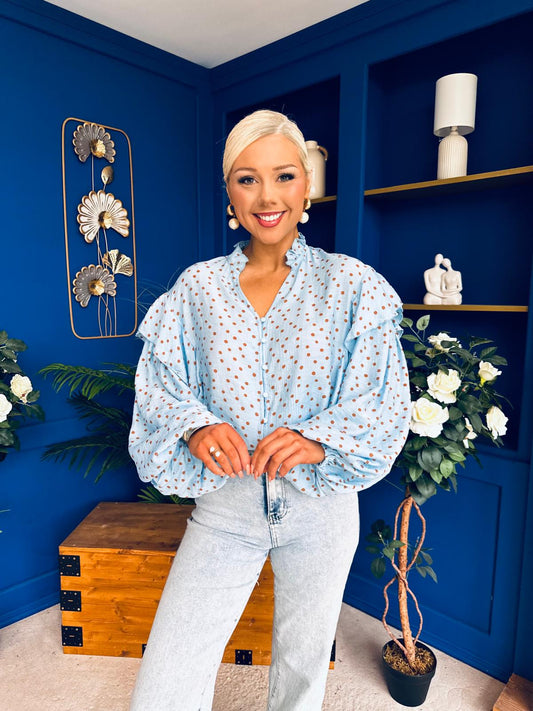 Leslie Polka Long Sleeve Blouse Pwr Blue