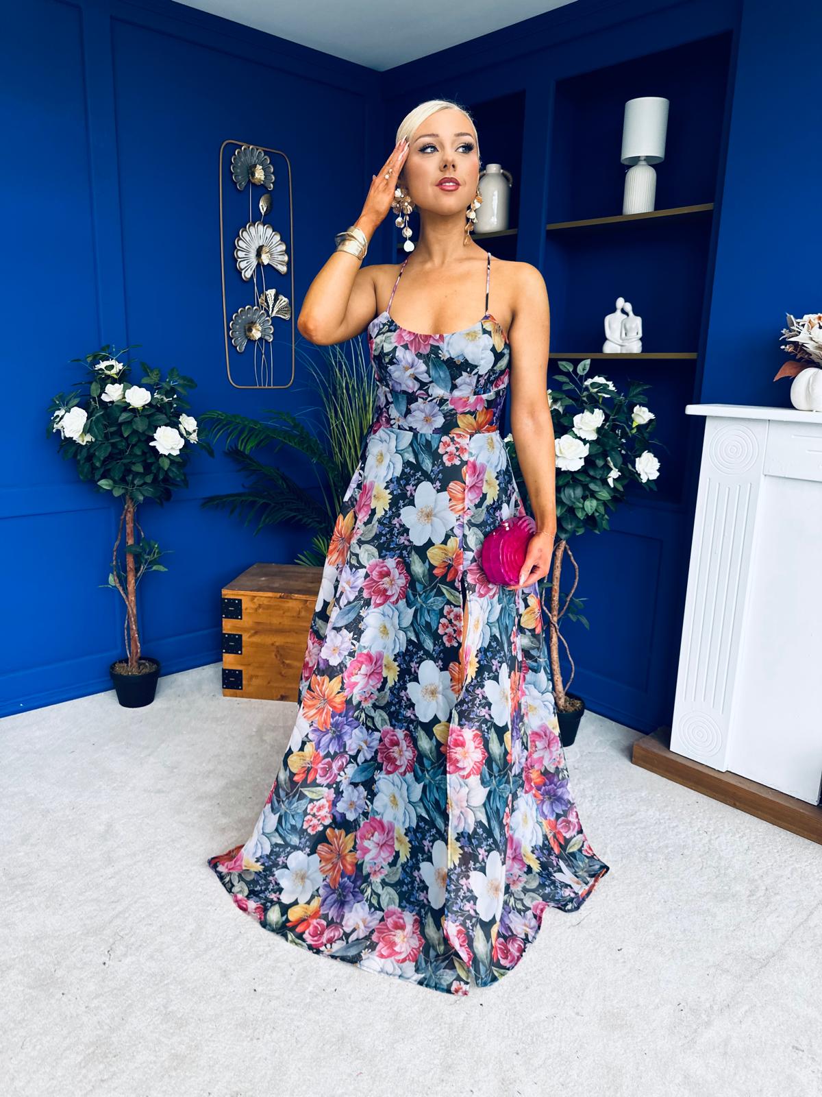 Olive Open Back Occasion Dress Floral Black