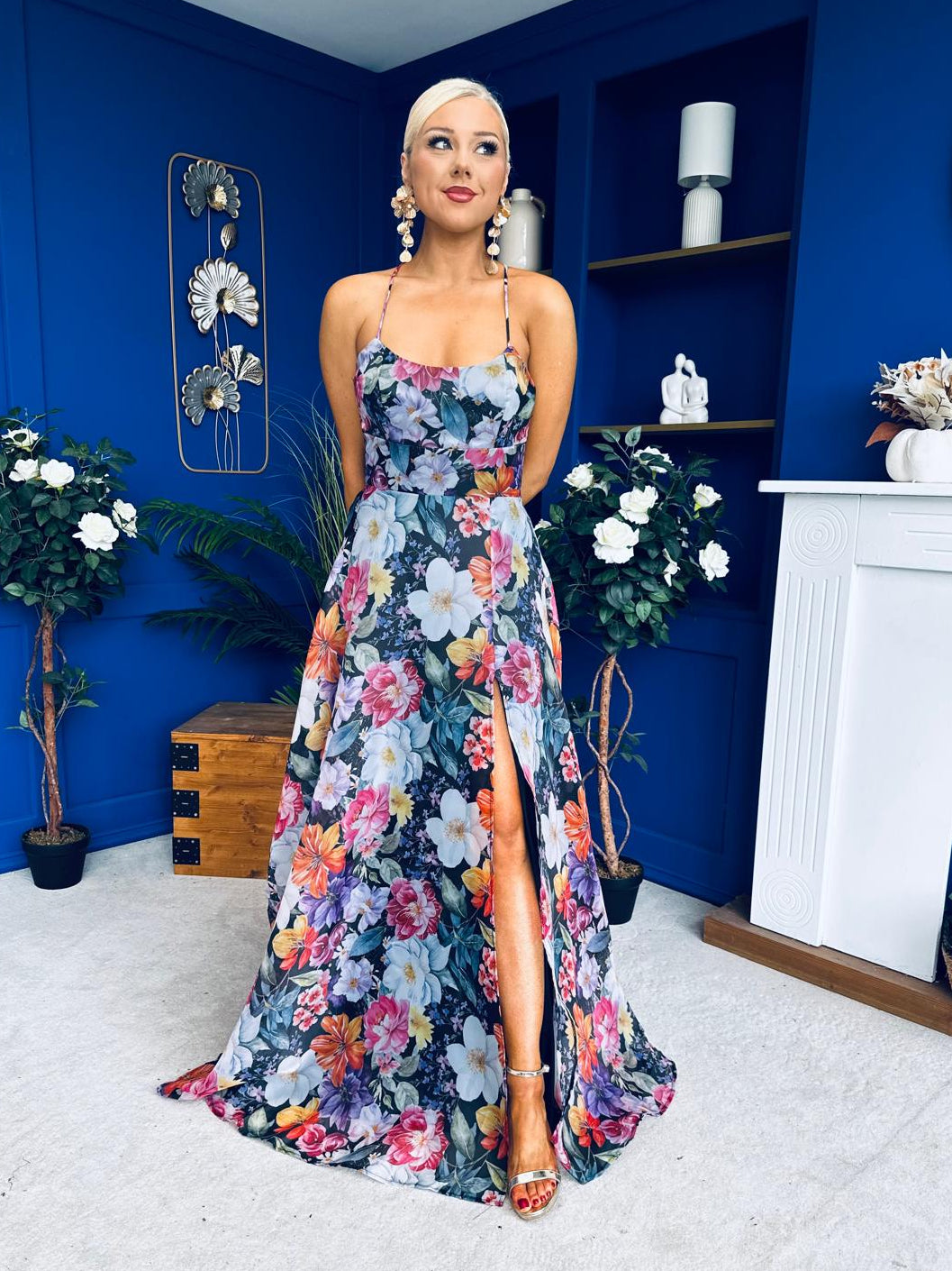 Olive Open Back Occasion Dress Floral Black