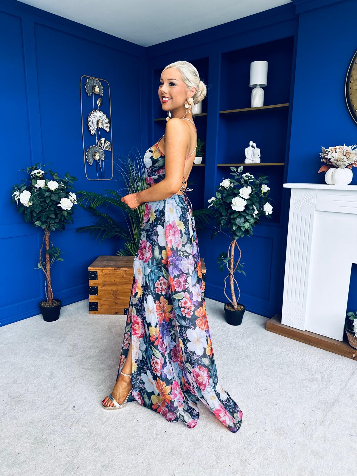 Olive Open Back Occasion Dress Floral Black