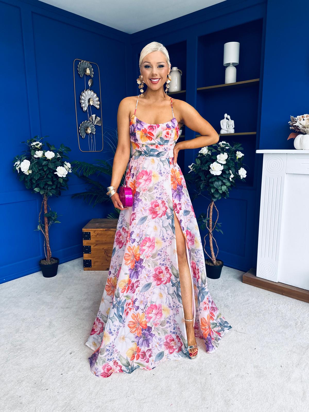 Olive Open Back Occasion Dress Floral Pink