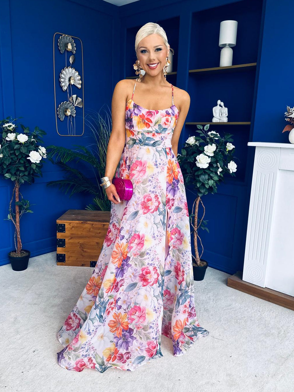 Olive Open Back Occasion Dress Floral Pink