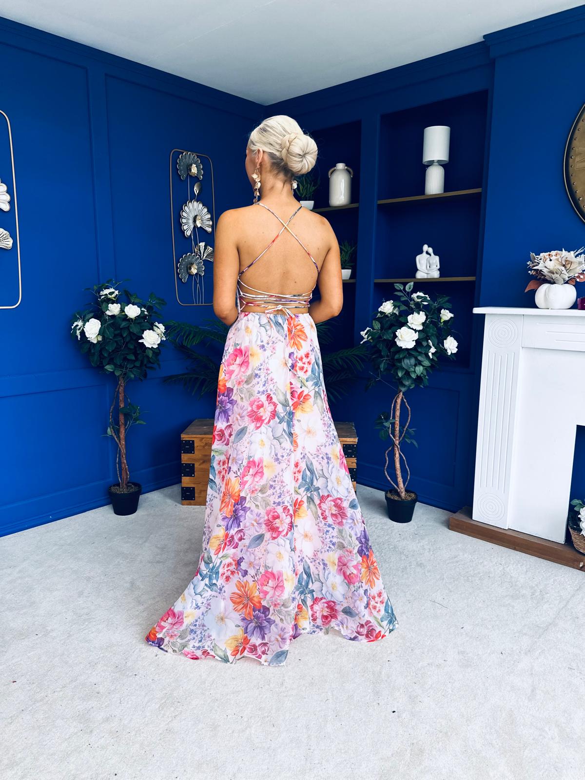 Olive Open Back Occasion Dress Floral Pink