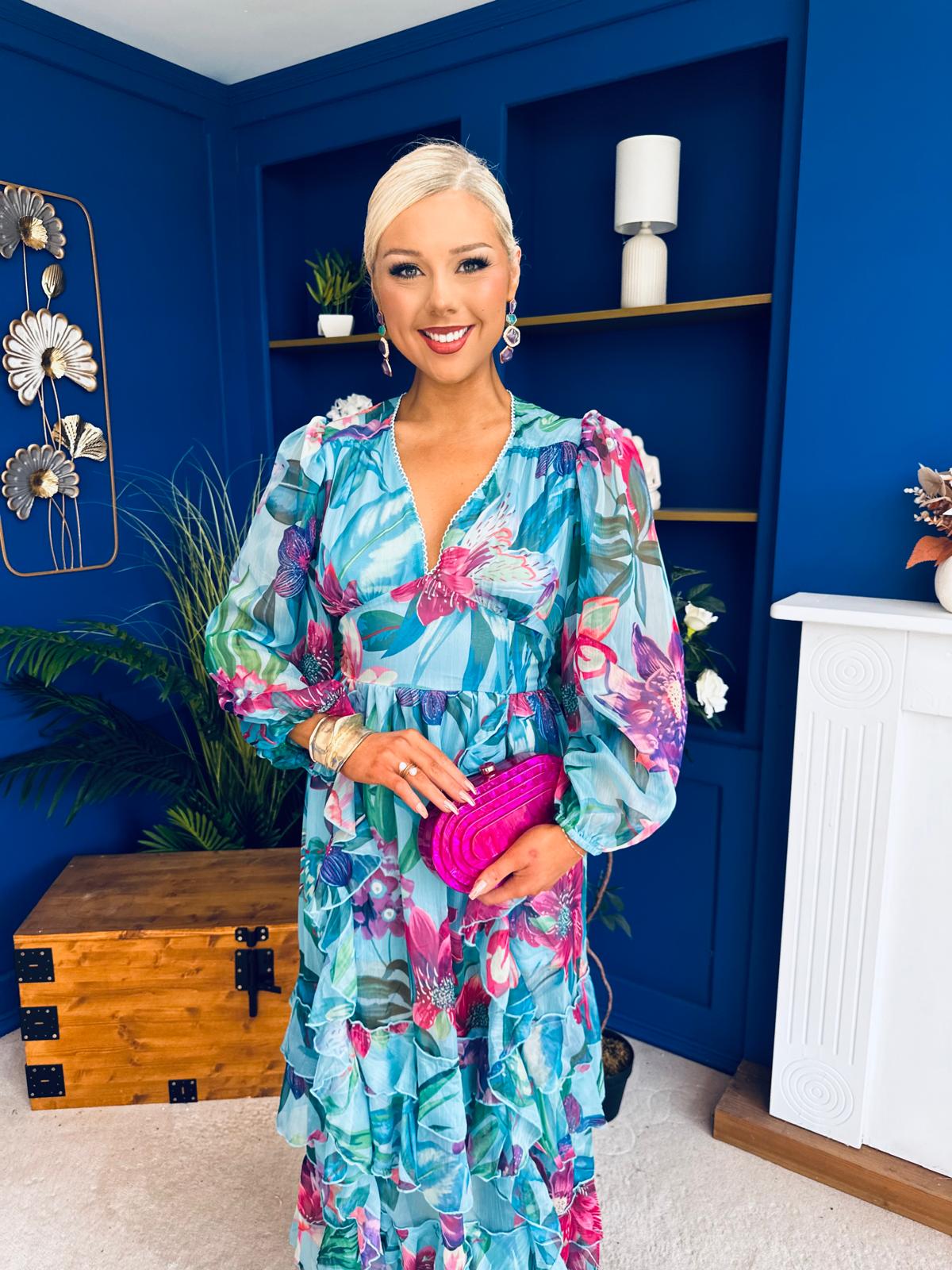 Marian Frill Detail Occasion Dress Aqua