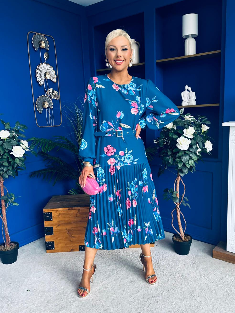 Bevin Belted Midi Dress Floral Midnight Blue