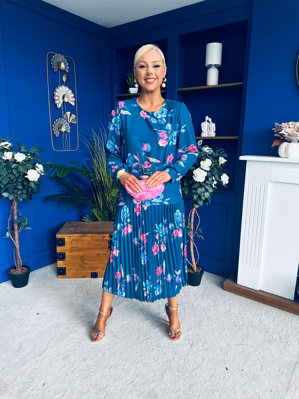 Bevin Belted Midi Dress Floral Midnight Blue