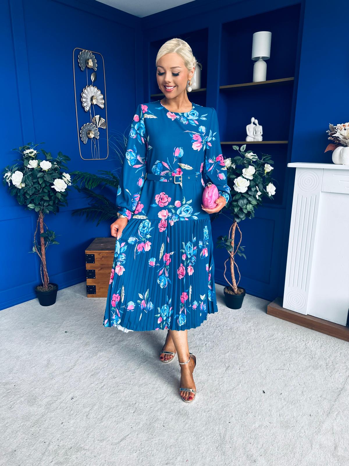Bevin Belted Midi Dress Floral Midnight Blue